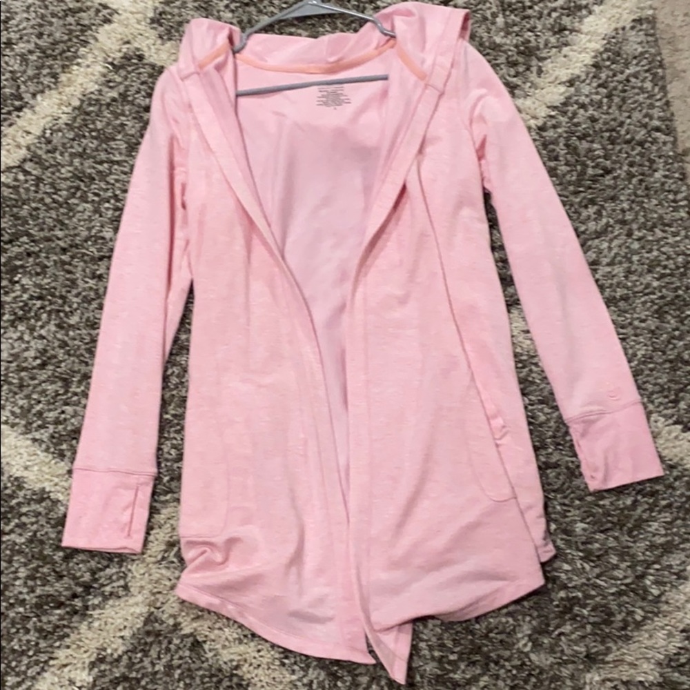 Pink Cuddl Duds cardigan with hood and hood